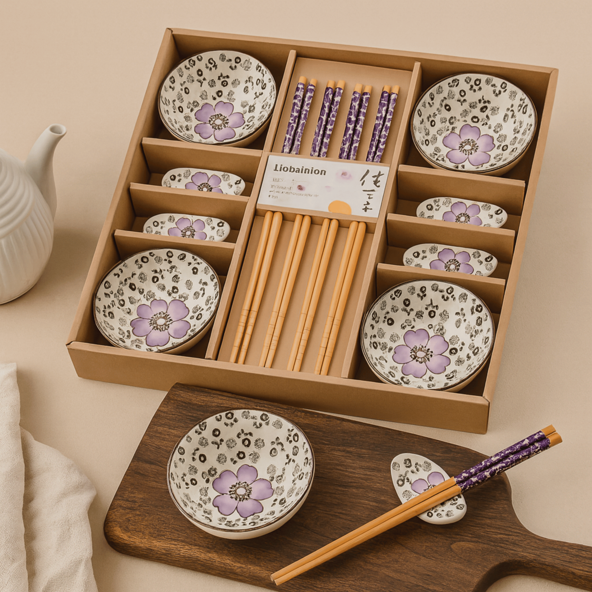 Hanami Ceramic Sushi Dinnerware Set – 12 Piece Blue Floral Japanese Tableware Bowls Plates Chopsticks Gift Box