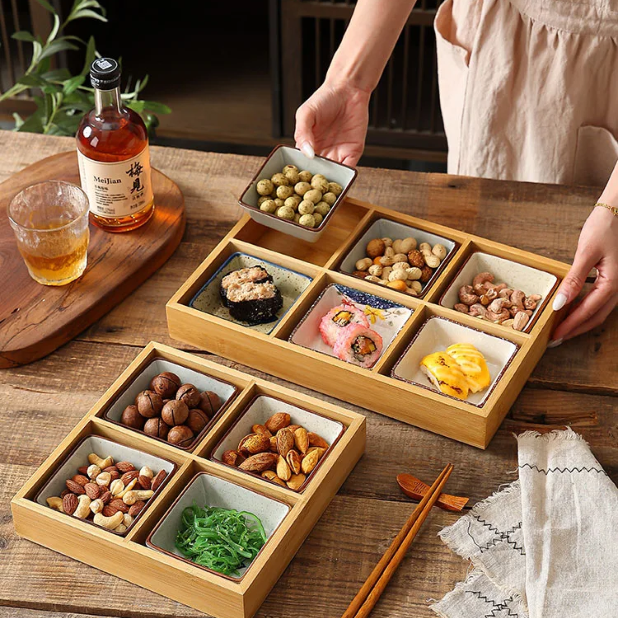 Hanami Ceramic Sauce Dish Set – Japanese Hand-Painted Small Serving Bowls Wooden Tray Appetizer Condiment
