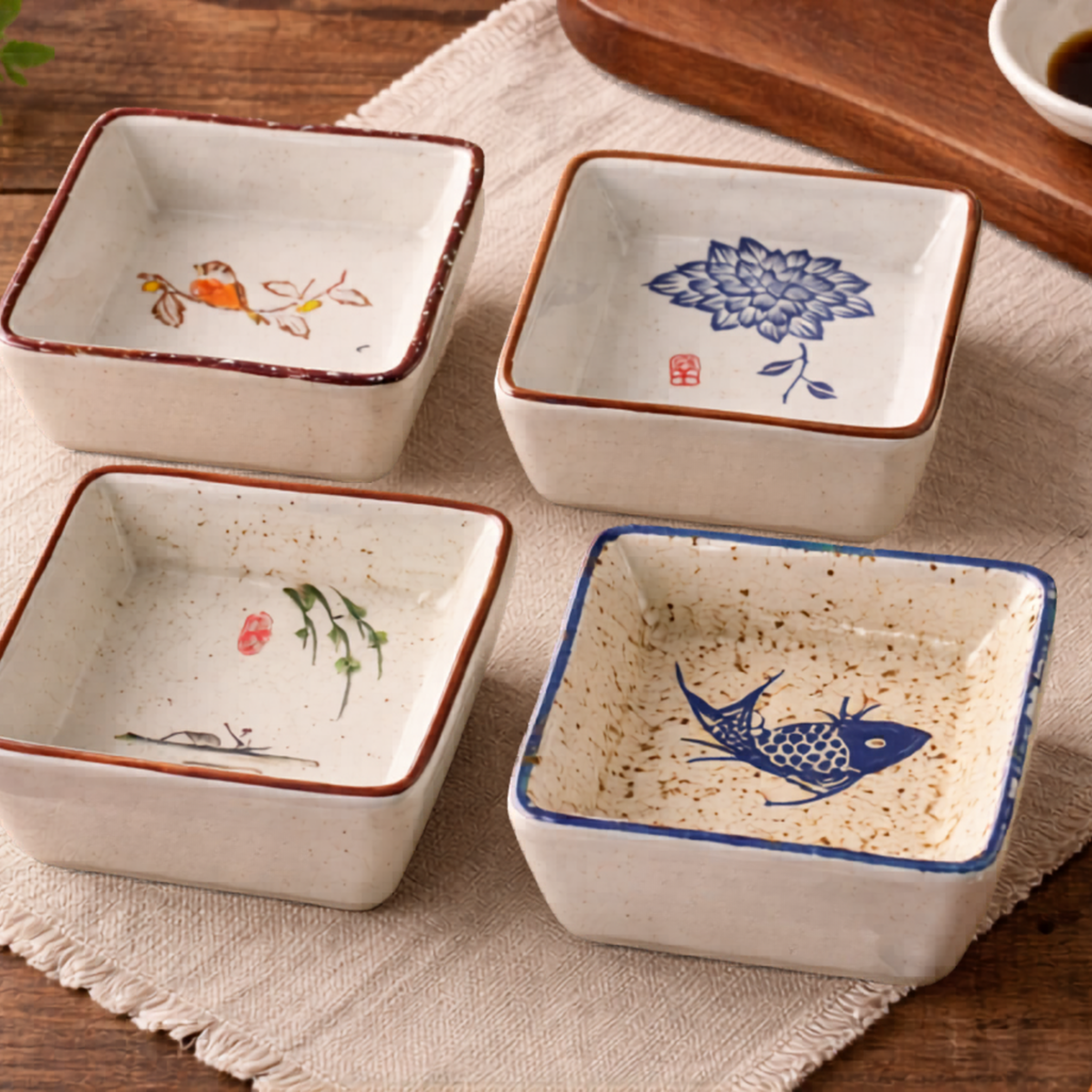 Hanami Ceramic Sauce Dish Set – Japanese Hand-Painted Small Serving Bowls Wooden Tray Appetizer Condiment