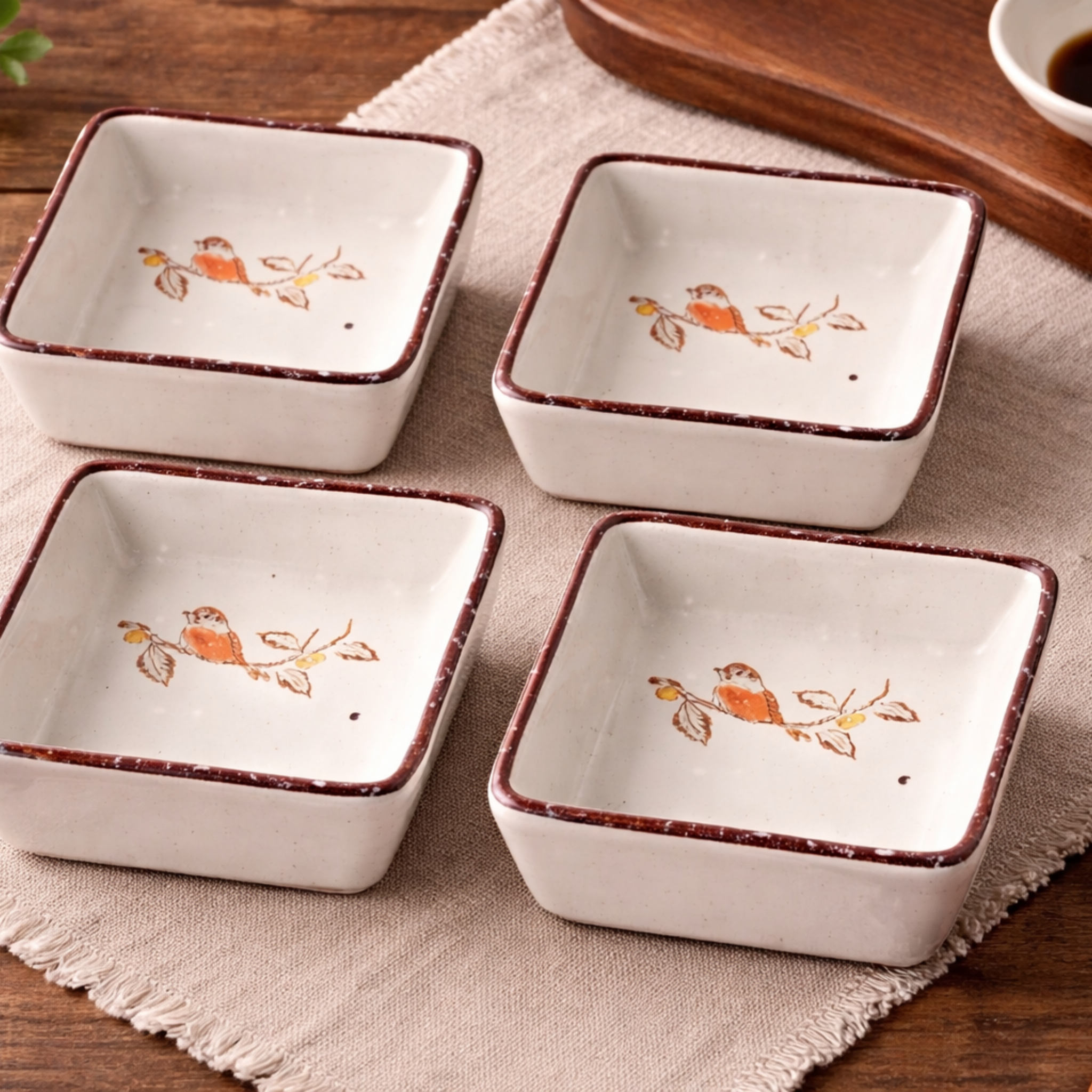 Hanami Ceramic Sauce Dish Set – Japanese Hand-Painted Small Serving Bowls Wooden Tray Appetizer Condiment