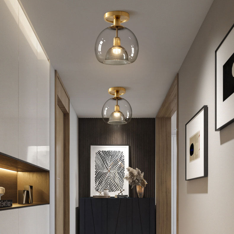 Brushed Brass Semi-Flush Ceiling Light with Smoked Glass Globe