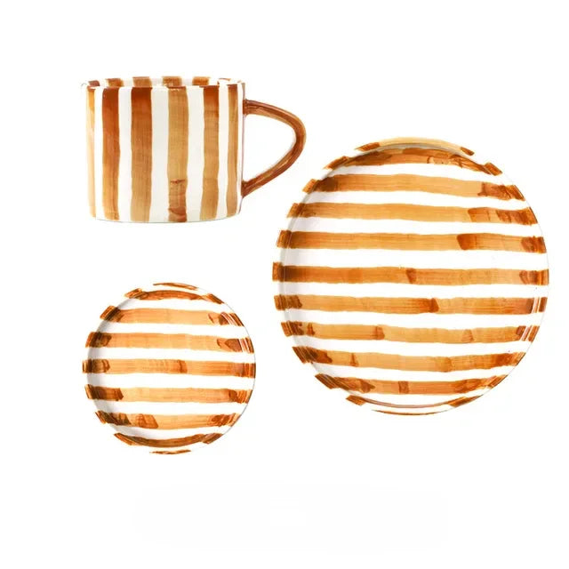 Stratum Stripe Dinnerware Set – Coffee Mug Plate Set Brown White Ceramic Tableware Decorating Coffee Table