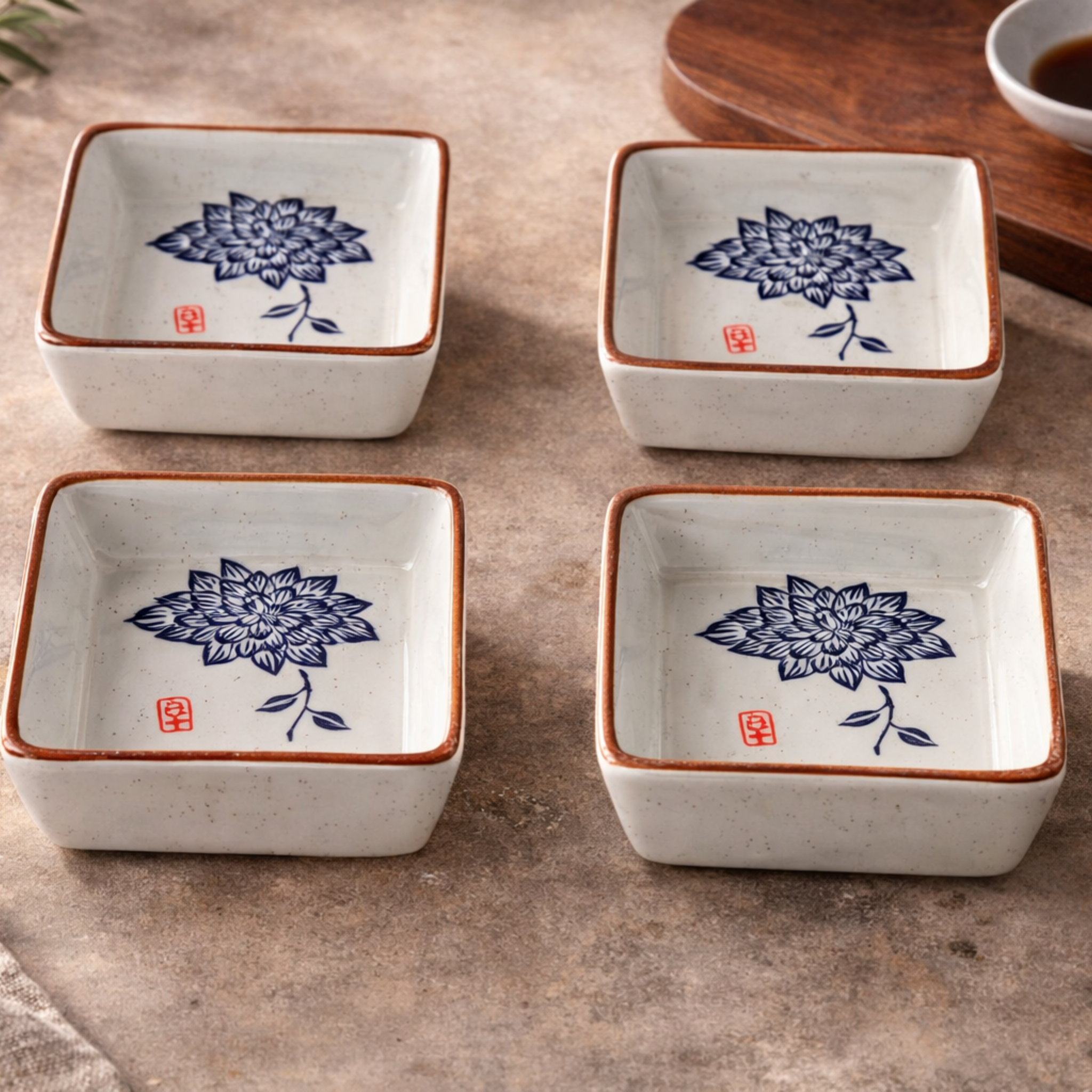 Hanami Ceramic Sauce Dish Set – Japanese Hand-Painted Small Serving Bowls Wooden Tray Appetizer Condiment