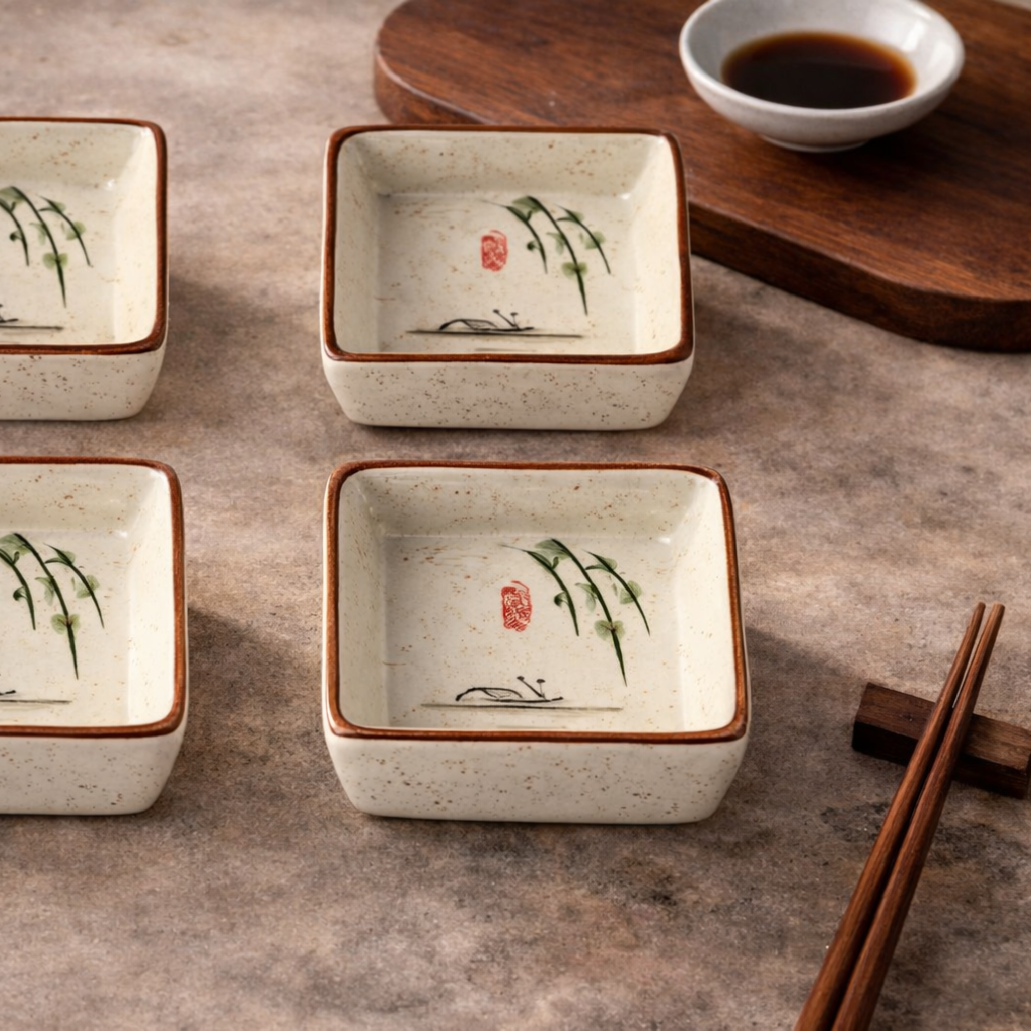 Hanami Ceramic Sauce Dish Set – Japanese Hand-Painted Small Serving Bowls Wooden Tray Appetizer Condiment