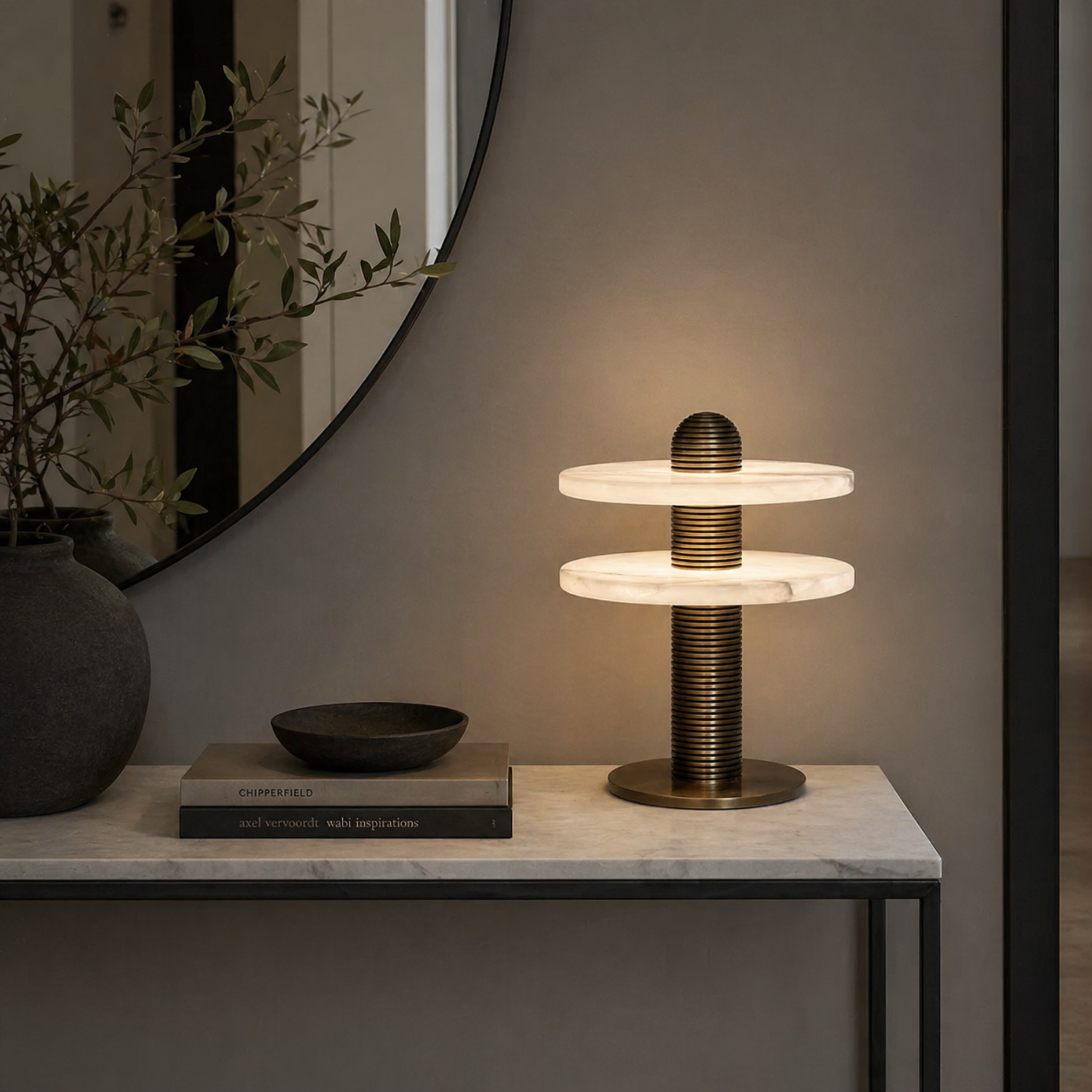 Stratum Marble Table Lamp – Modern Tiered Alabaster Brass Living Room Bedroom Decorative Lighting