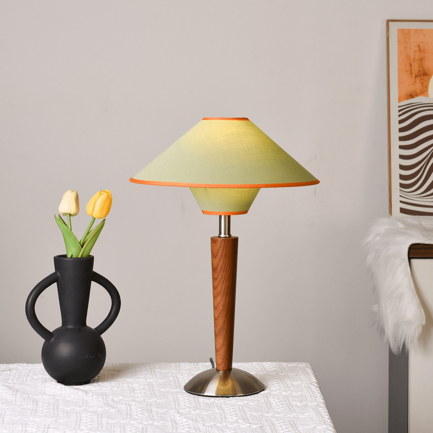 Talwood Dome Table Lamp – Oak Linen Shade Table Lighting Fixture