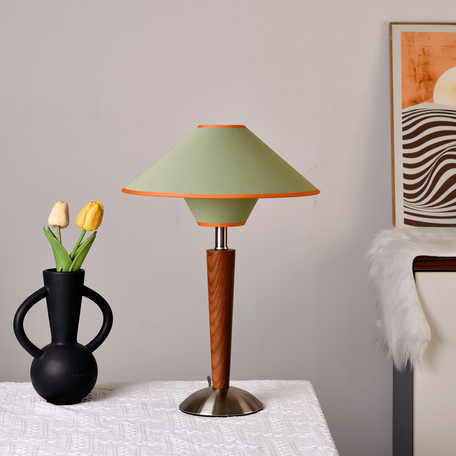 Talwood Dome Table Lamp – Oak Linen Shade Table Lighting Fixture