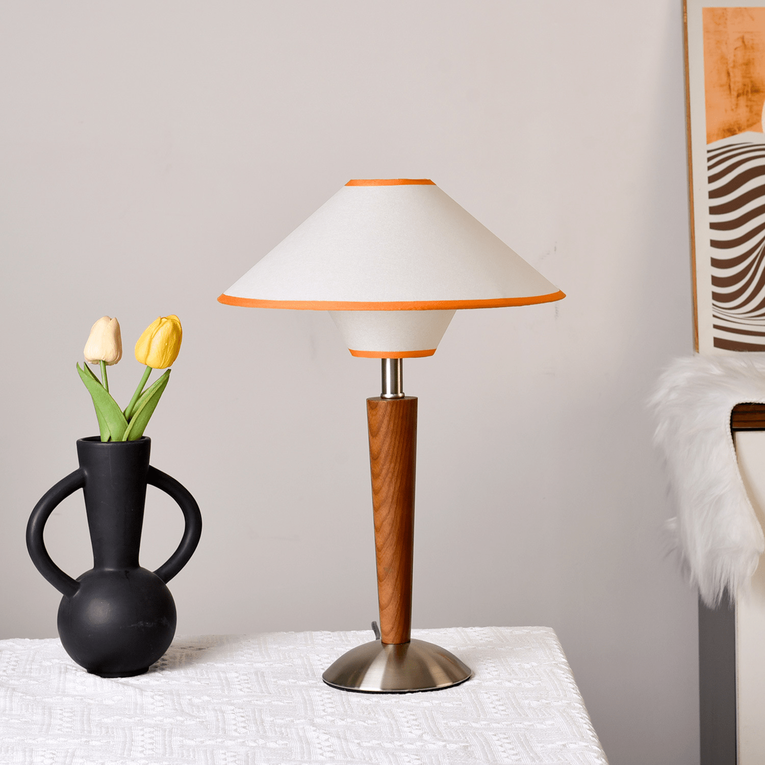 Talwood Dome Table Lamp – Oak Linen Shade Table Lighting Fixture