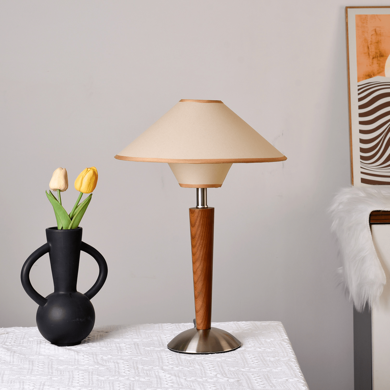 Talwood Dome Table Lamp – Oak Linen Shade Table Lighting Fixture
