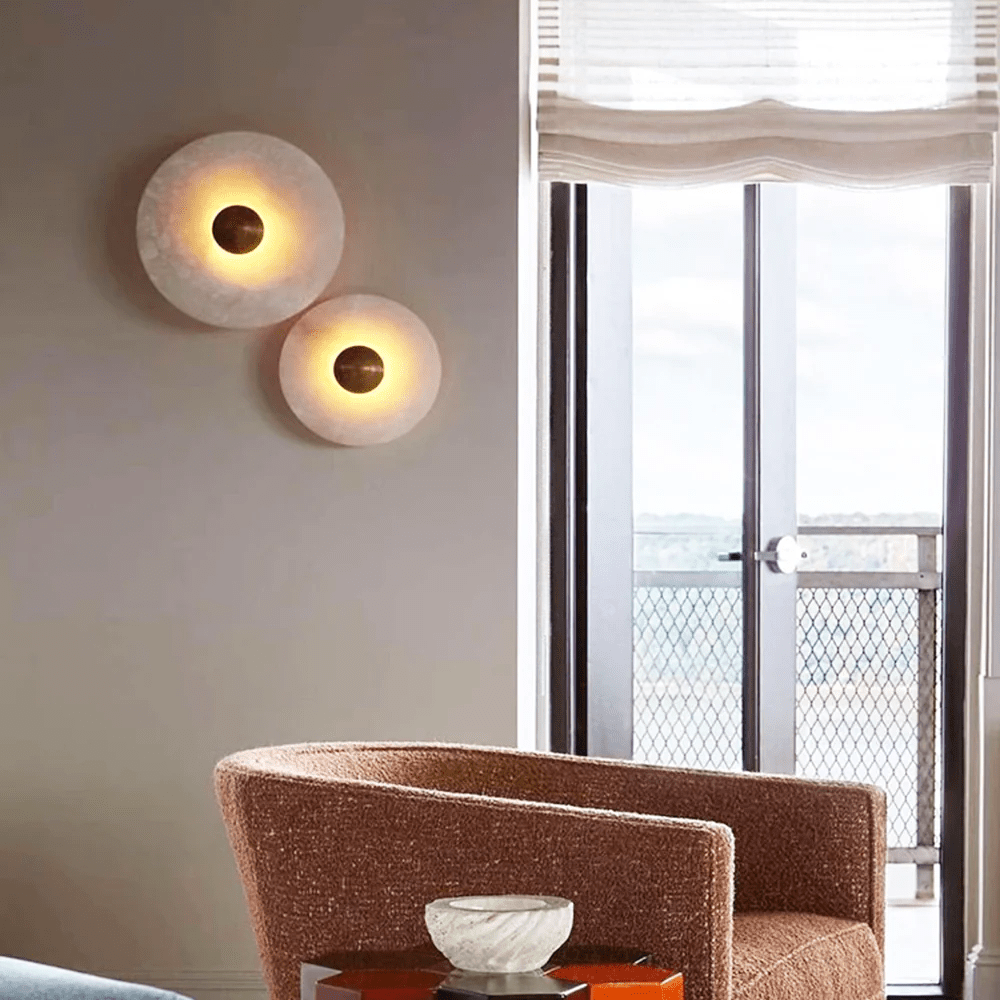 Halo Alabaster Disc Wall Lamp - Triple Round Stone Wall Light Feature