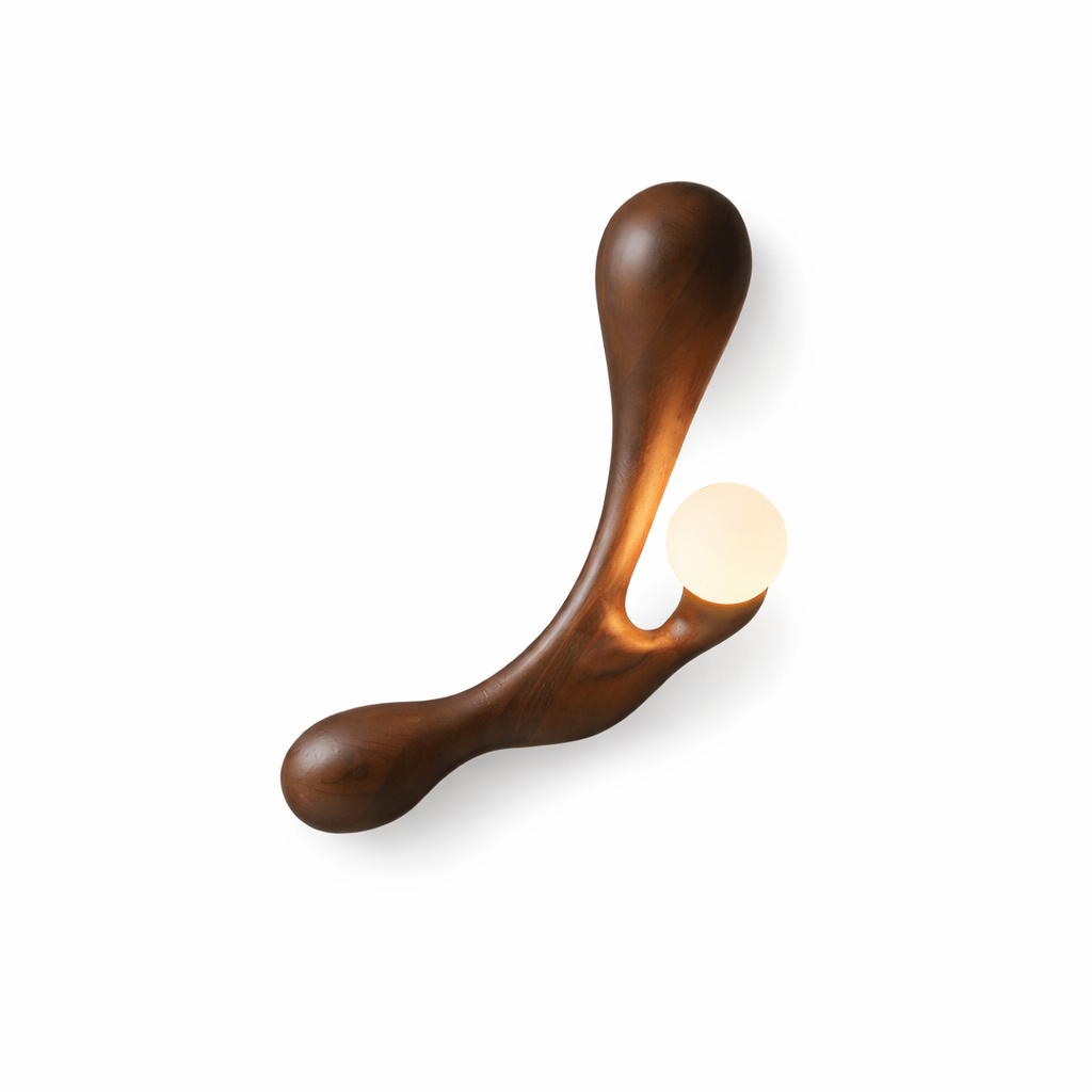 Driftwood Sculptural Wall Lamp – Modern Solid Wood Orb Bedroom Accent Sconce Light