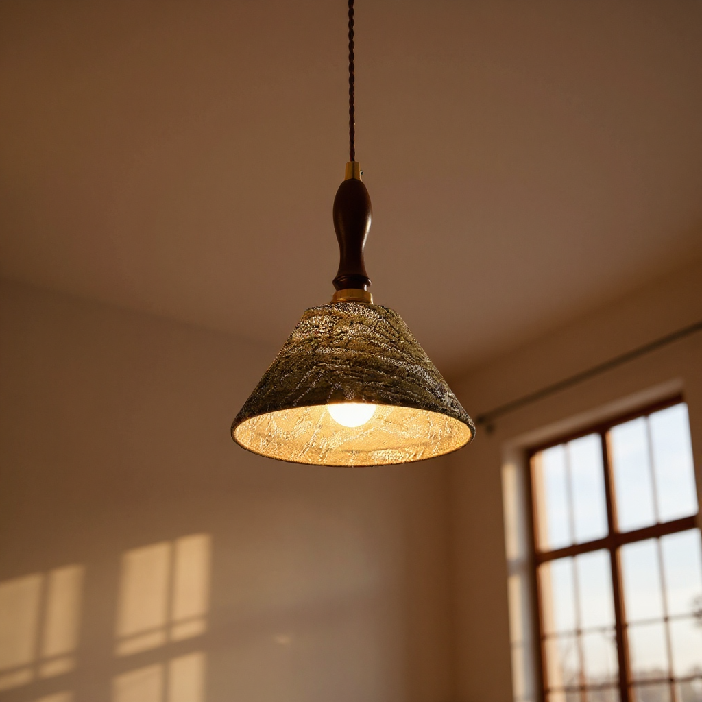 Artisan Textured Cone Pendant Light – Vintage Wood Handle Kitchen Dining Room Hanging Fixture