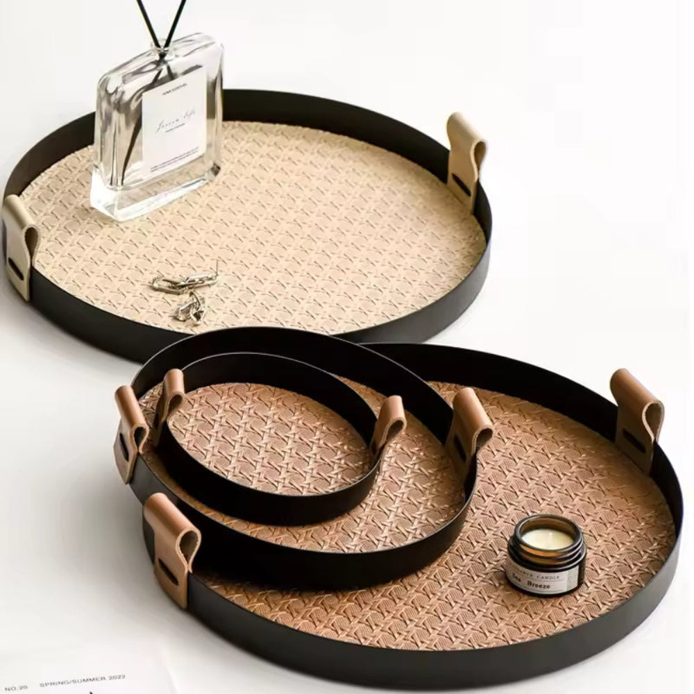 Kintara Round Serving Tray Set – Woven Bamboo Decorative Trays Black Rim Leather Handles Home Decor