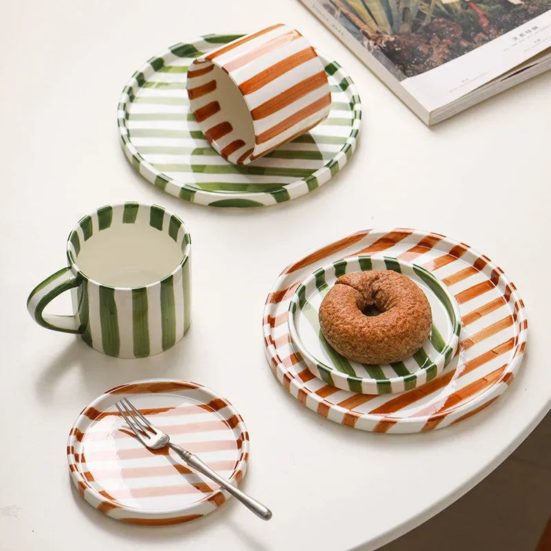 Stratum Stripe Dinnerware Set – Coffee Mug Plate Set Brown White Ceramic Tableware Decorating Coffee Table
