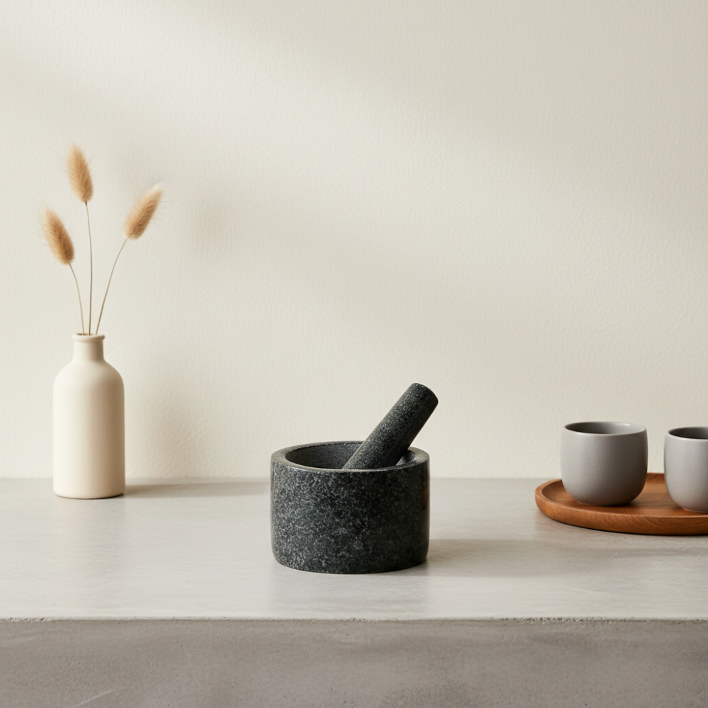 Obsido Stone Mortar Pestle Set – Natural Granite Kitchen Spice Herb Grinder Bowl 5 Inch