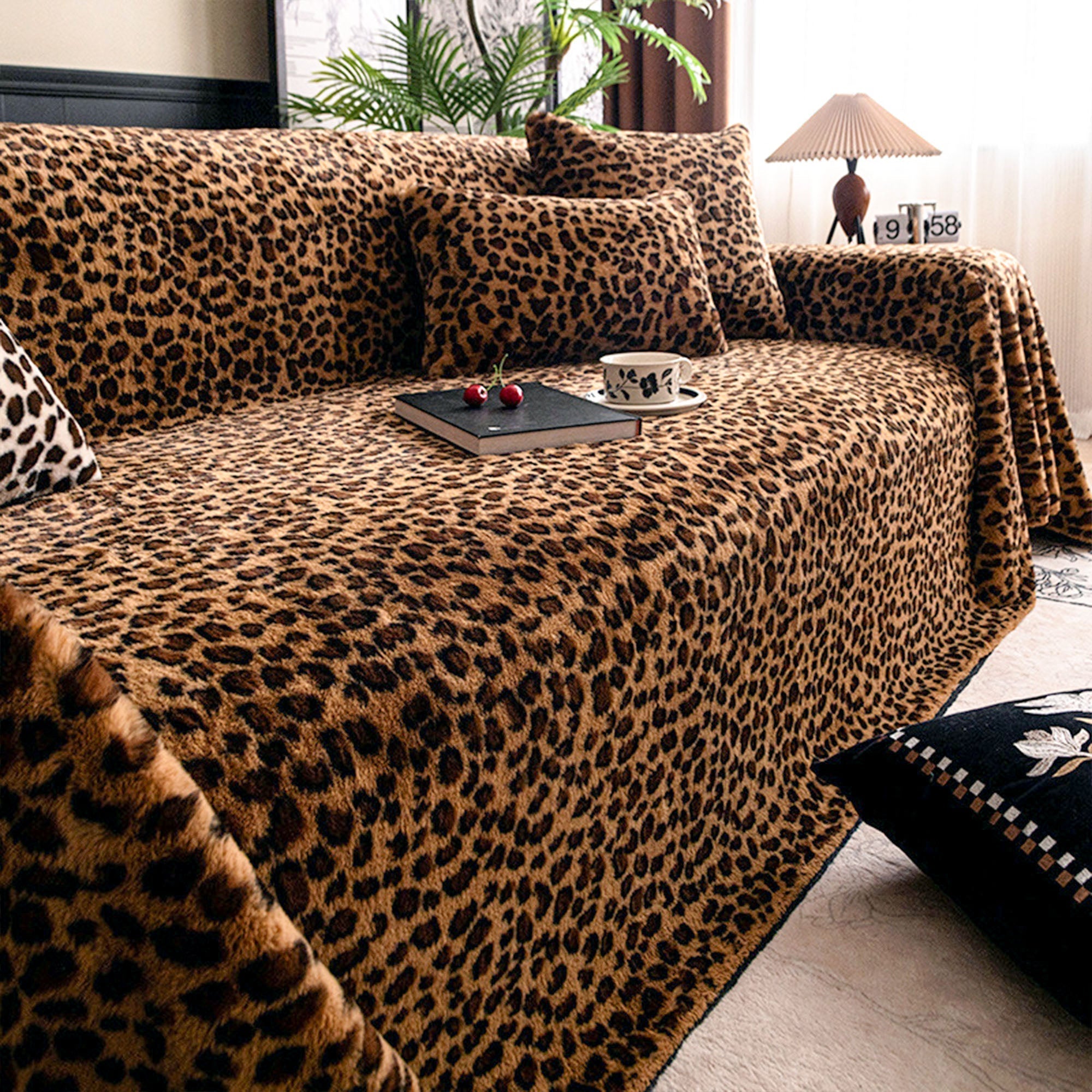 Savara Leopard Sofa Cover – Plush Animal Print Couch Slipcover Living Room Furniture Protector