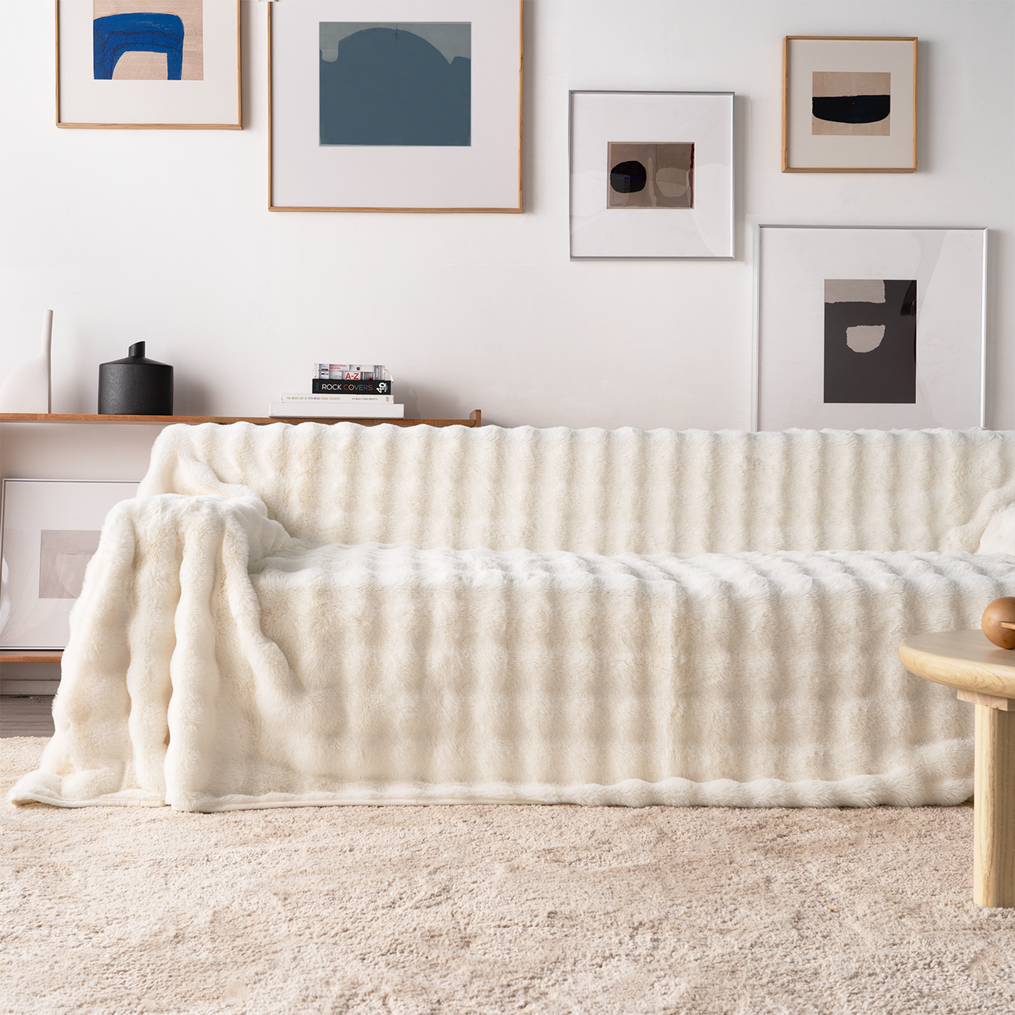 Cirrus Plush Throw Blanket – Faux Fur Channel Stitch Grey Luxury Soft Cozy Bedroom Living Room Decor