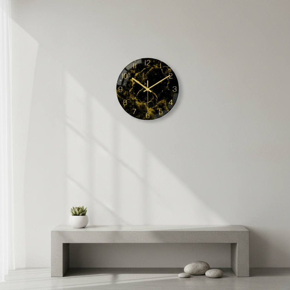 Marvex Noir Wall Clock – Black Gold Marble Round Decorative 12 Inch Silent Living Room Bedroom Kitchen