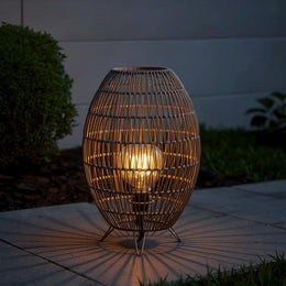 Woven Rattan Mesh Floor Lantern Lamp  – Waterproof LED Outdoor Patio Lamp