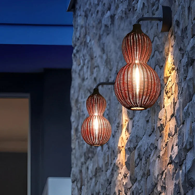 Handwoven Rattan Sconce Light – Bohemian Gourd Outdoor Indoor Fixture with Warm Ambient Glow