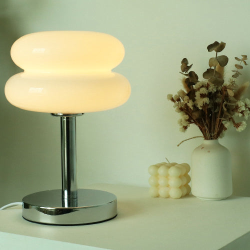 Retro Chrome Amber Glass Table Lamp – Modern Warm Glow Accent Light