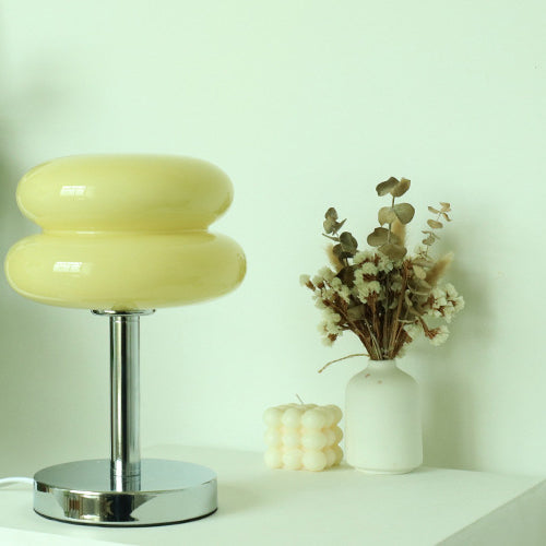 Retro Chrome Amber Glass Table Lamp – Modern Warm Glow Accent Light
