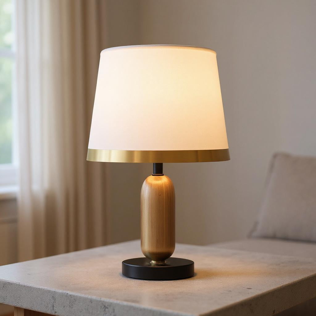 Brushed Brass Table Lamp – Modern Bedside Light with Fabric Shade