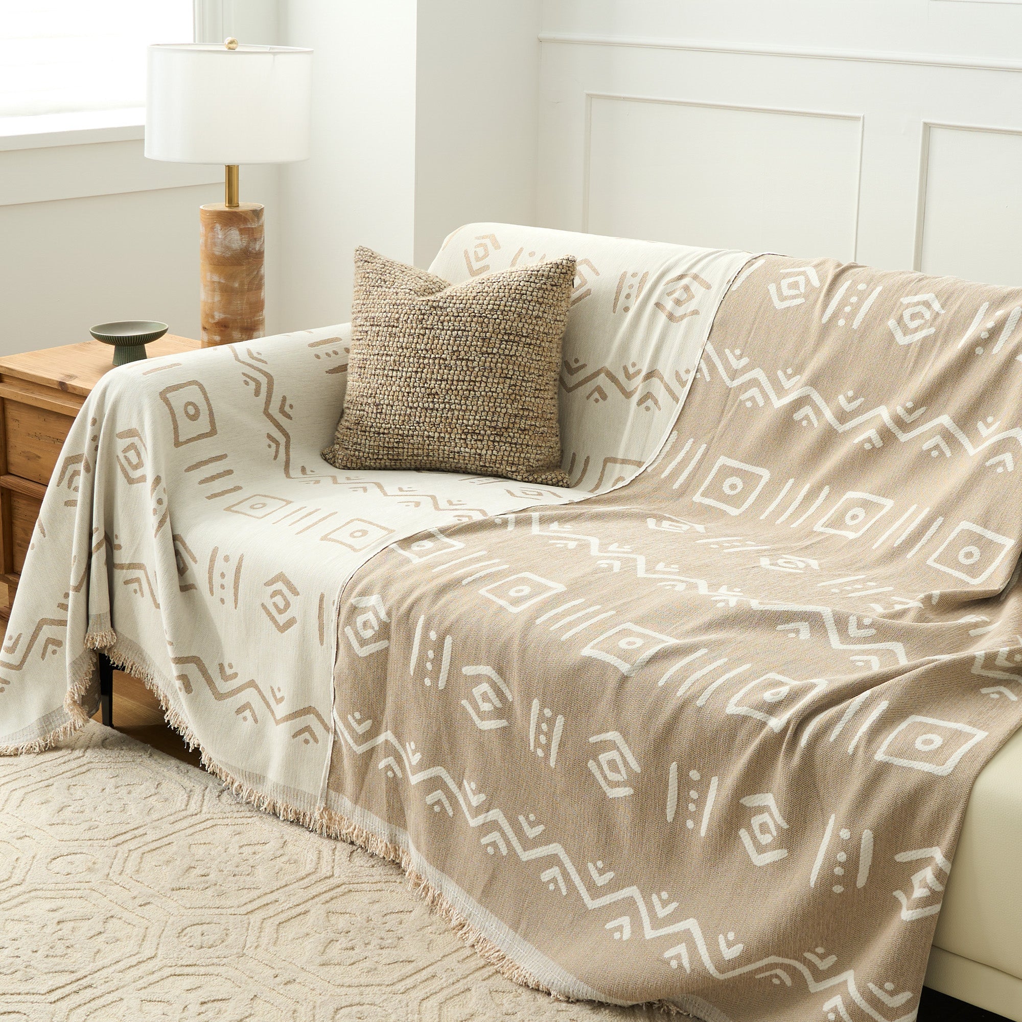 Tribeca Woven Throw Blanket – Geometric Mudcloth Sofa Cover Couch Protector Farmhouse Boho Living Room Decor
