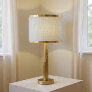 Brass Tiered Column Table Lamp – Modern Fabric Shade Bedside Light
