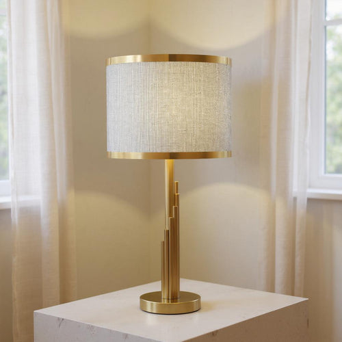 Brass Tiered Column Table Lamp – Modern Fabric Shade Bedside Light