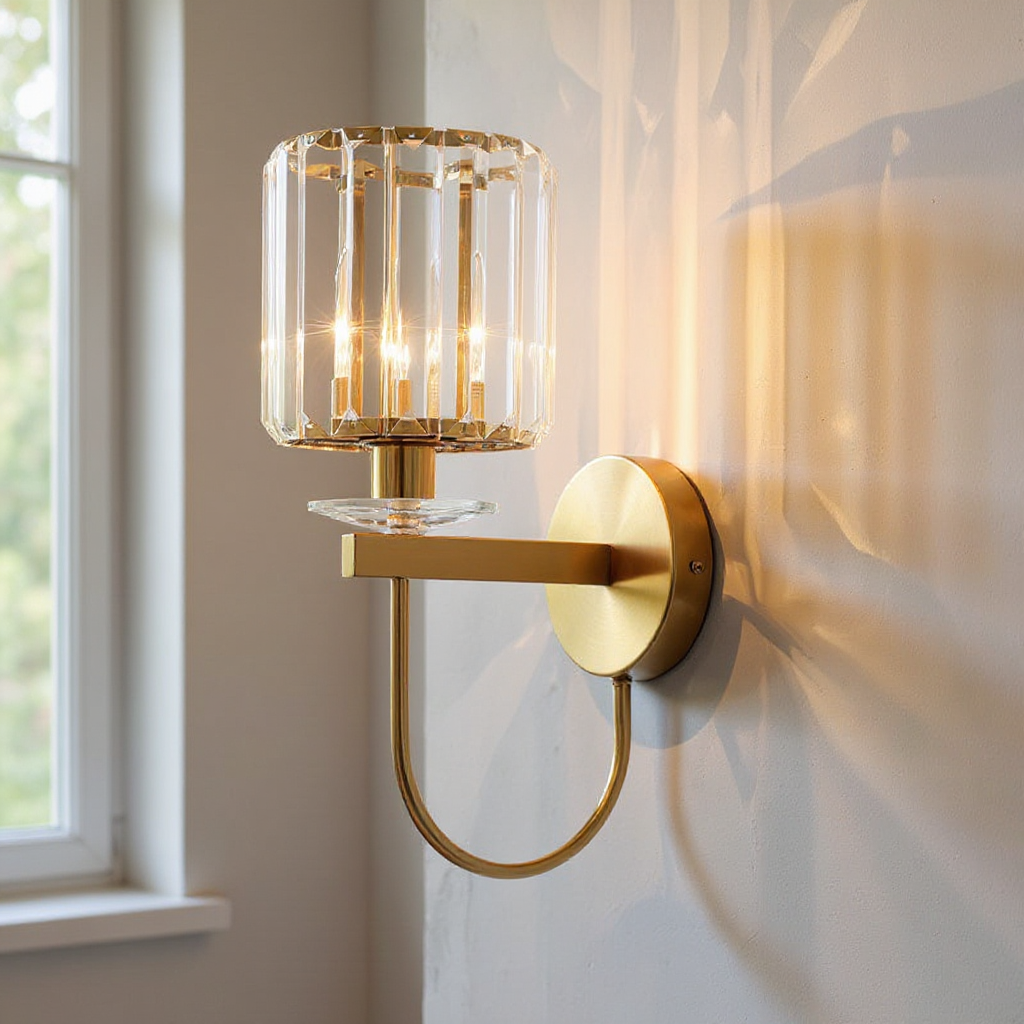 Glamora Crystal Prism Wall Sconce – Gold Brass Bedroom Bathroom Vanity Light Fixture