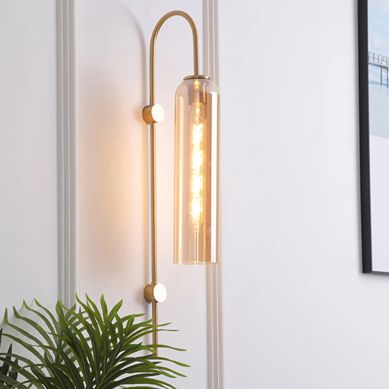 Arcline Cylinder Glass Wall Sconce – Brass Modern Bedroom Hallway Adjustable Light Fixture