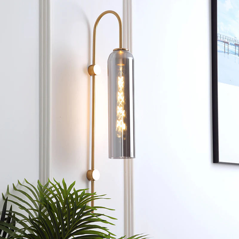 Arcline Cylinder Glass Wall Sconce – Brass Modern Bedroom Hallway Adjustable Light Fixture