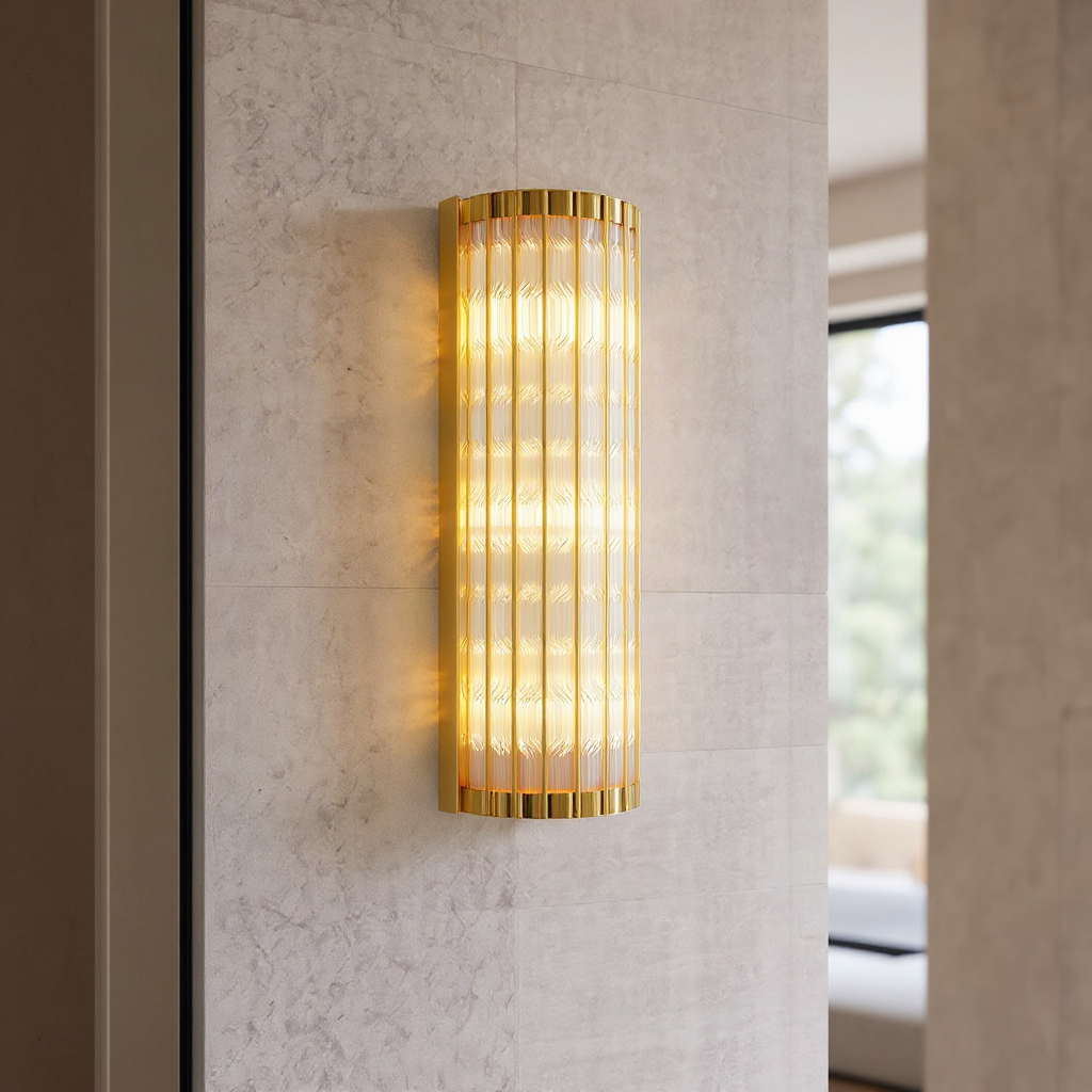 Aurelius Fluted Crystal Wall Lamp  – Cylindrical Glass Brass Interior Wall Lighting Fixture