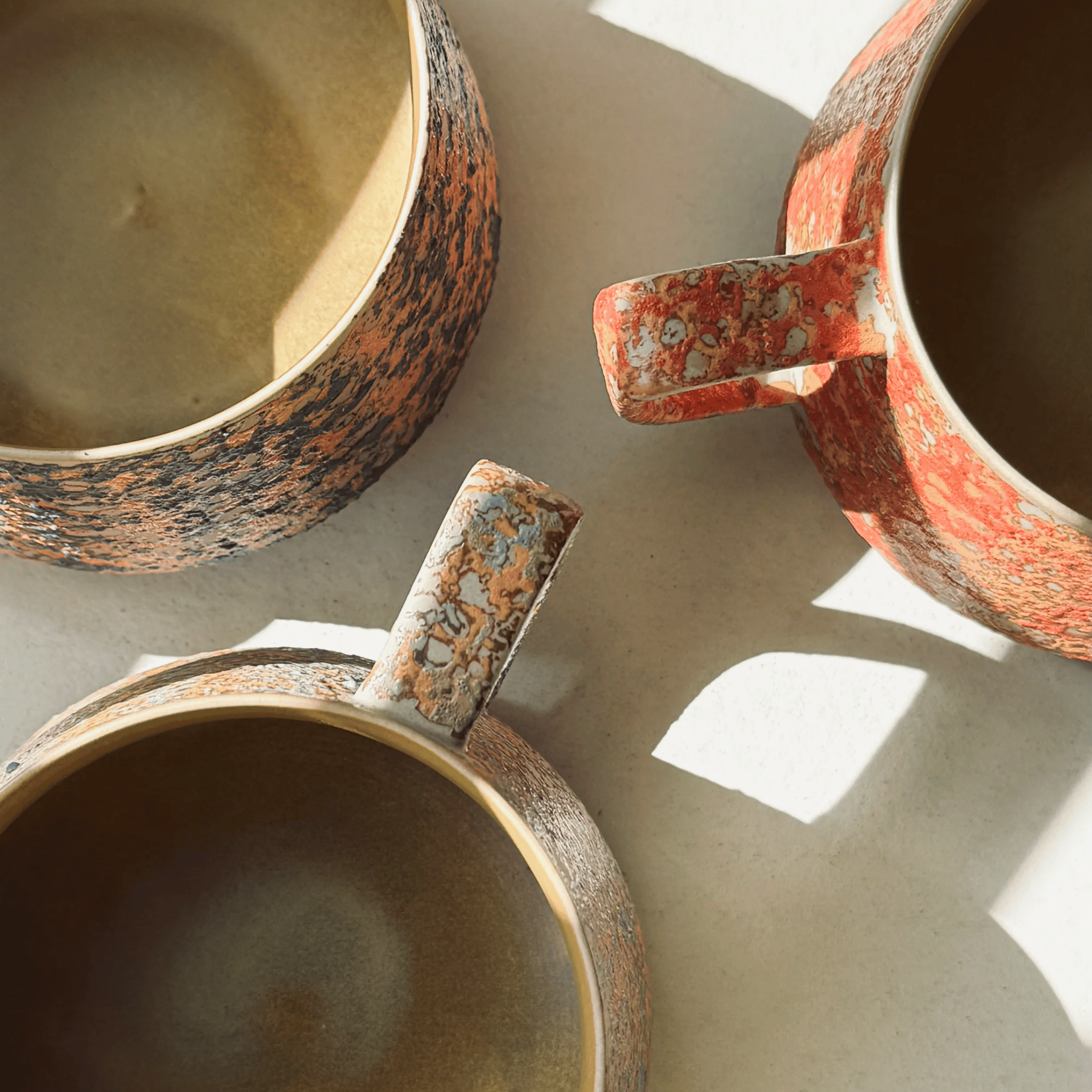 Ferrus Patina Coffee Mug – Handcrafted Ceramic Mug Gold Interior Wide Handle Rustic Kitchen Decor