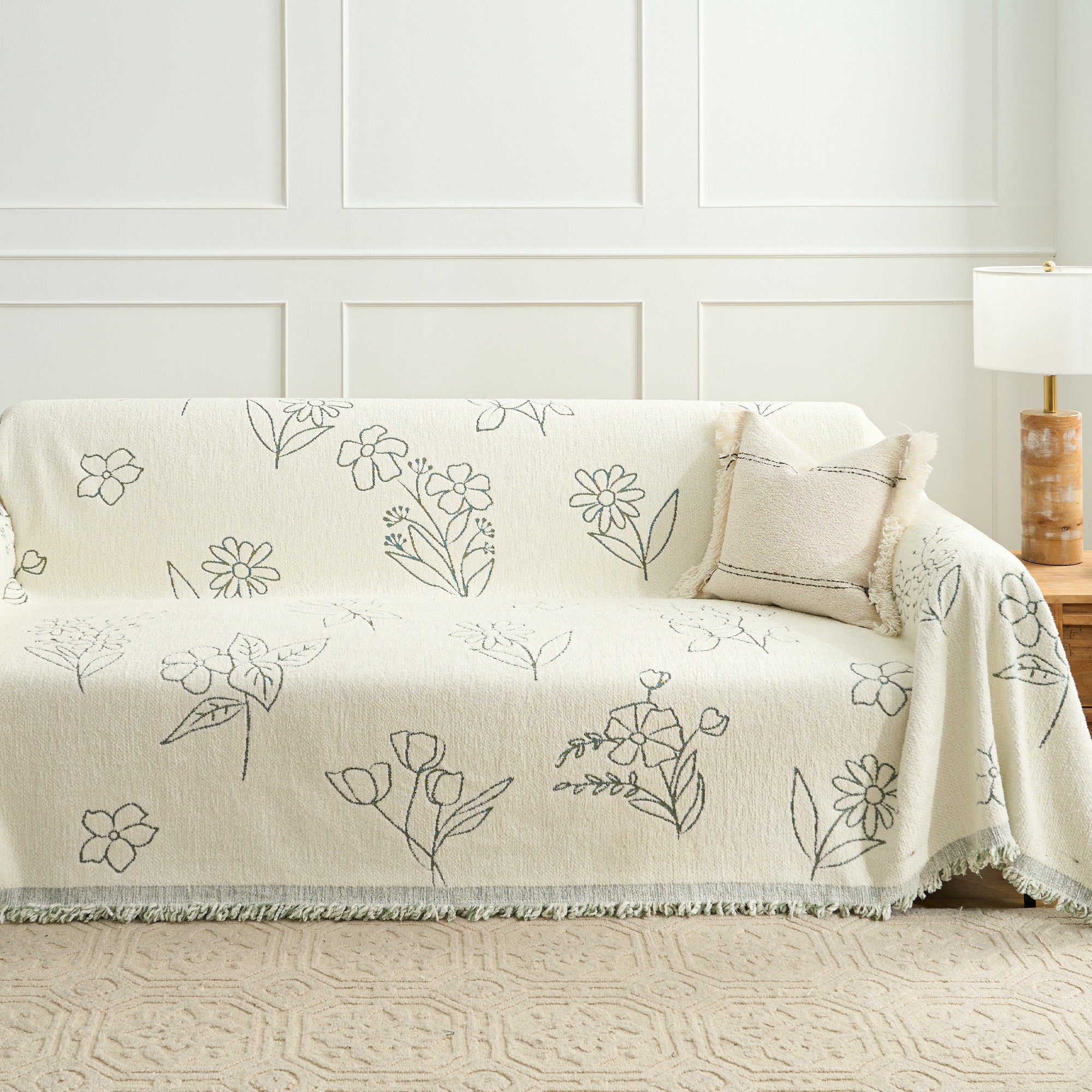 Florian Bloom Sofa Throw – Cotton Woven Floral Line Art Couch Cover Living Room Furniture Protector