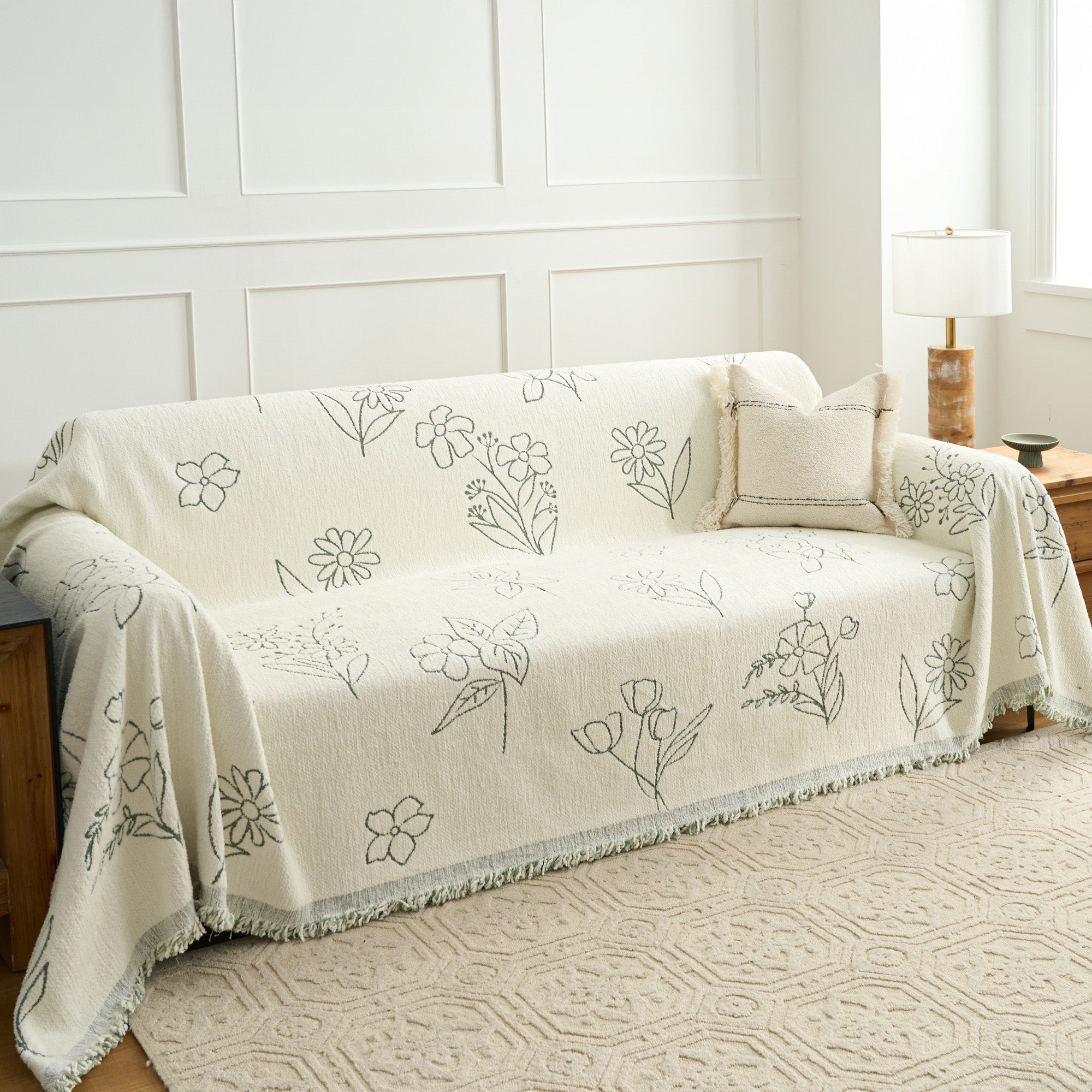 Florian Bloom Sofa Throw – Cotton Woven Floral Line Art Couch Cover Living Room Furniture Protector