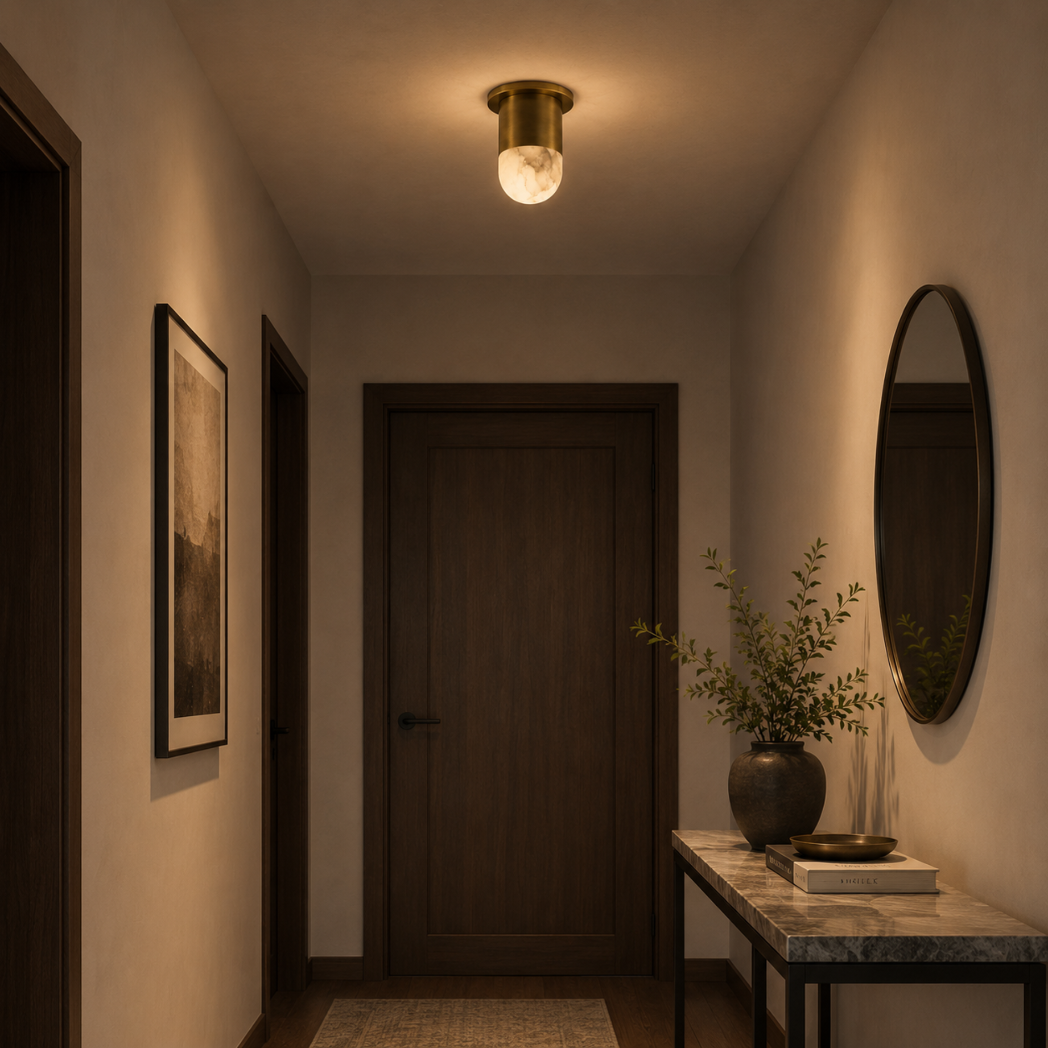 Calisto Flush Mount Ceiling Light – Alabaster Brass Decorative Lighting Fixture Living Room Bedroom Hallway