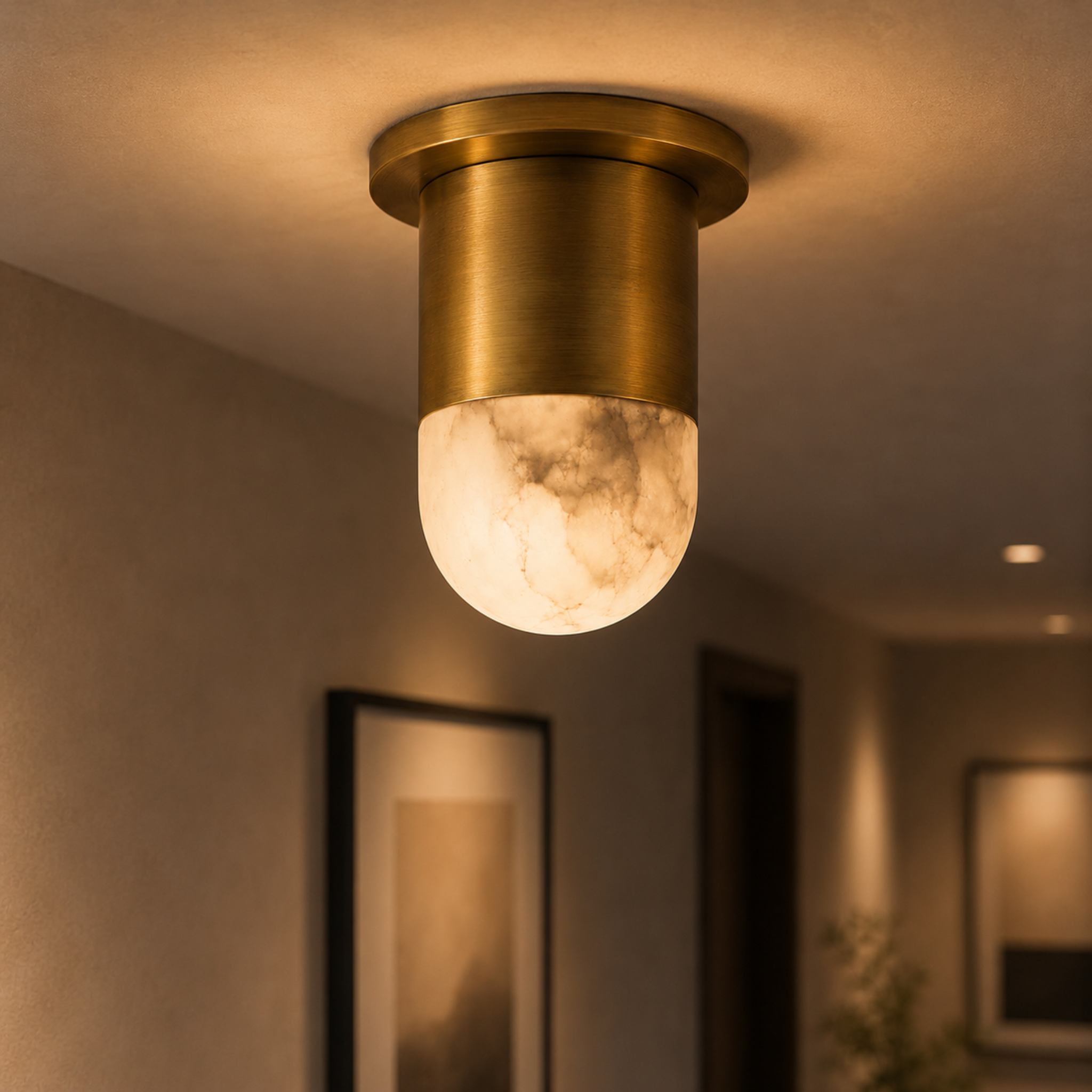 Calisto Flush Mount Ceiling Light – Alabaster Brass Decorative Lighting Fixture Living Room Bedroom Hallway