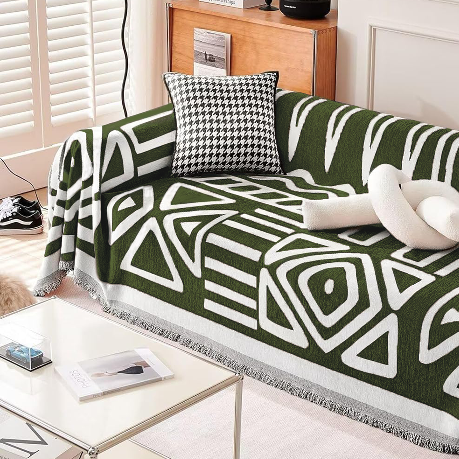 Kintara Sofa Throw – Geometric Tribal Pattern Couch Cover Grey White Cotton Woven Blanket Living Room