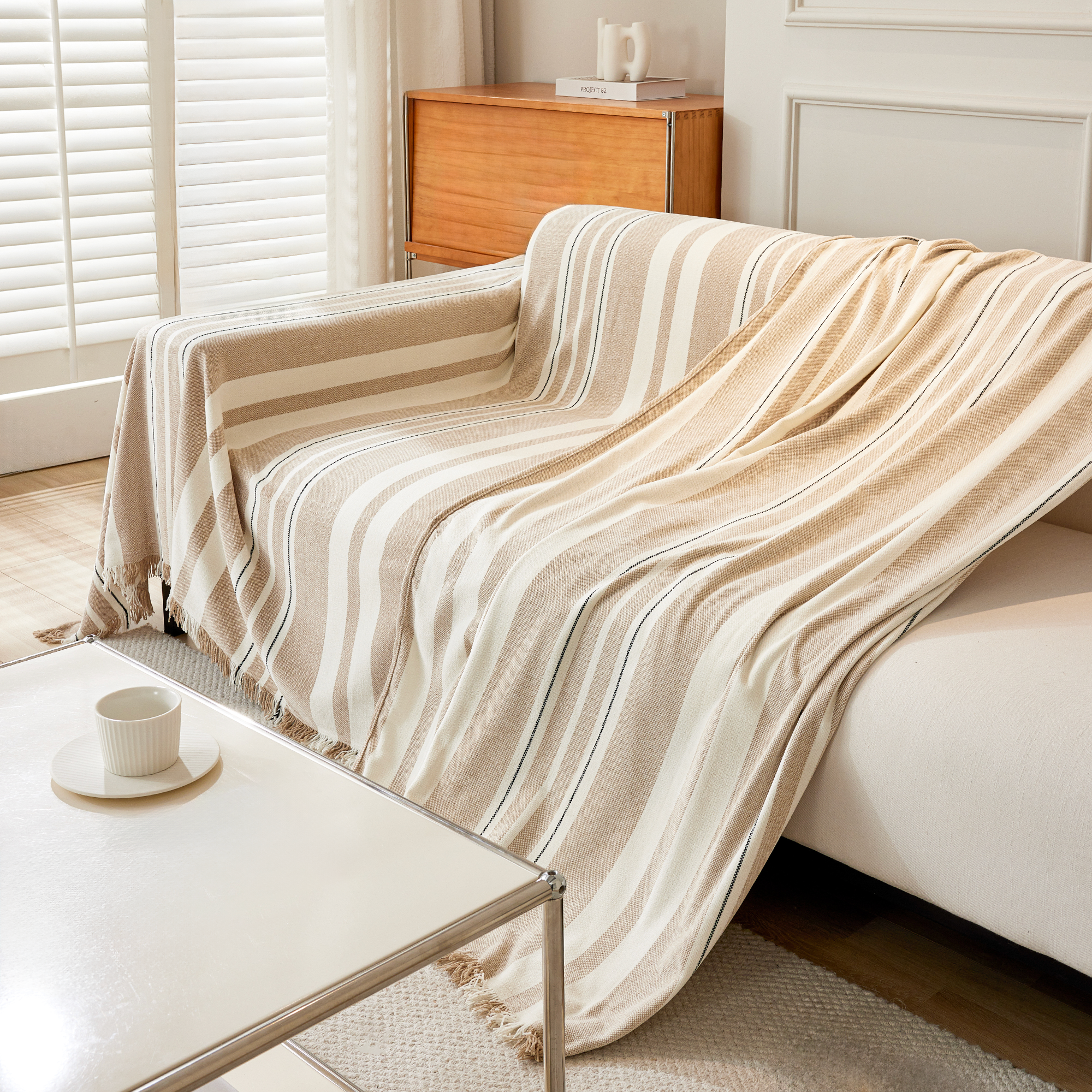 Riviera Stripe Sofa Throw – Cotton Linen Sofa Cover Couch Protector Living Room Bedroom Furniture