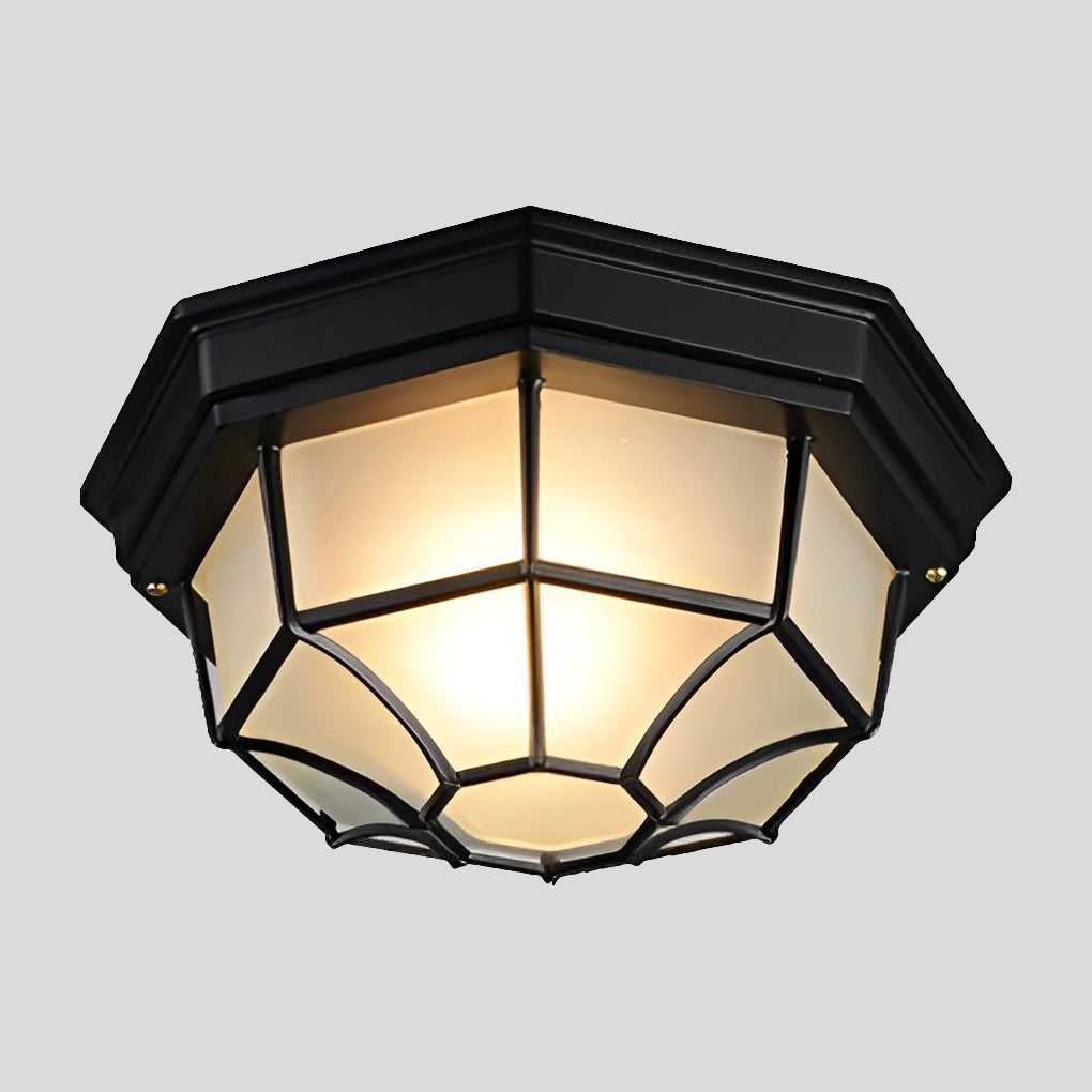 OctaFrame Frosted Glass Flush Mount Light – Waterproof LED Outdoor Porch Ceiling Fixture