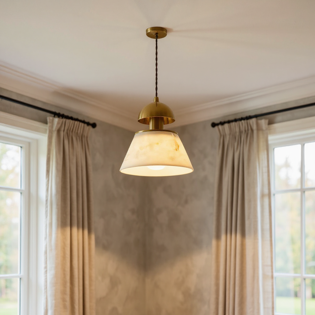 Verona Alabaster Cone Pendant Light – Brass Kitchen Island Dining Room Hanging Fixture