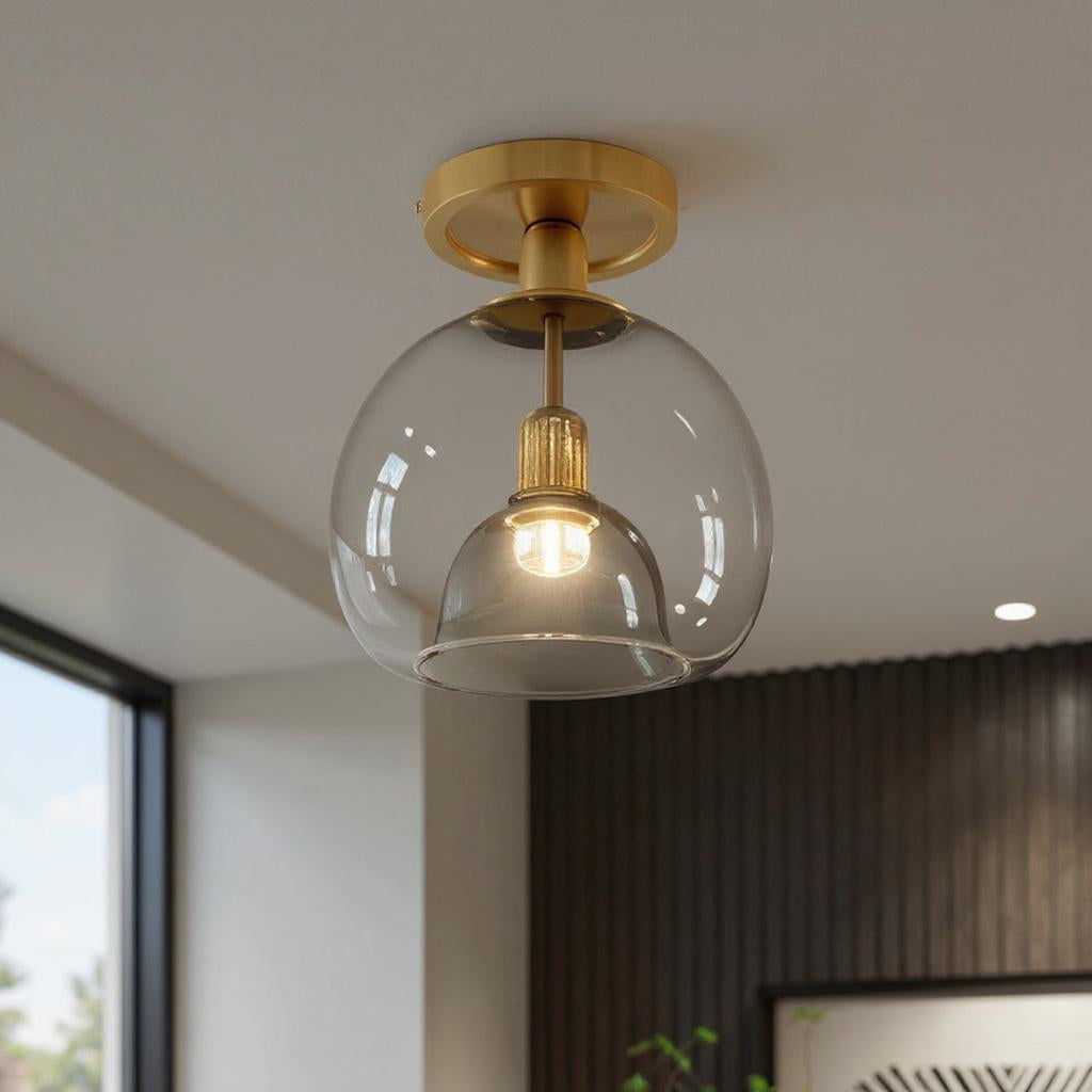 Brushed Brass Semi-Flush Ceiling Light with Smoked Glass Globe