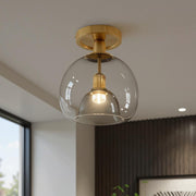 Brushed Brass Semi-Flush Ceiling Light with Smoked Glass Globe