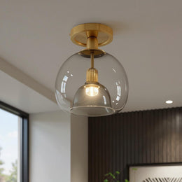 Brushed Brass Semi-Flush Ceiling Light with Smoked Glass Globe