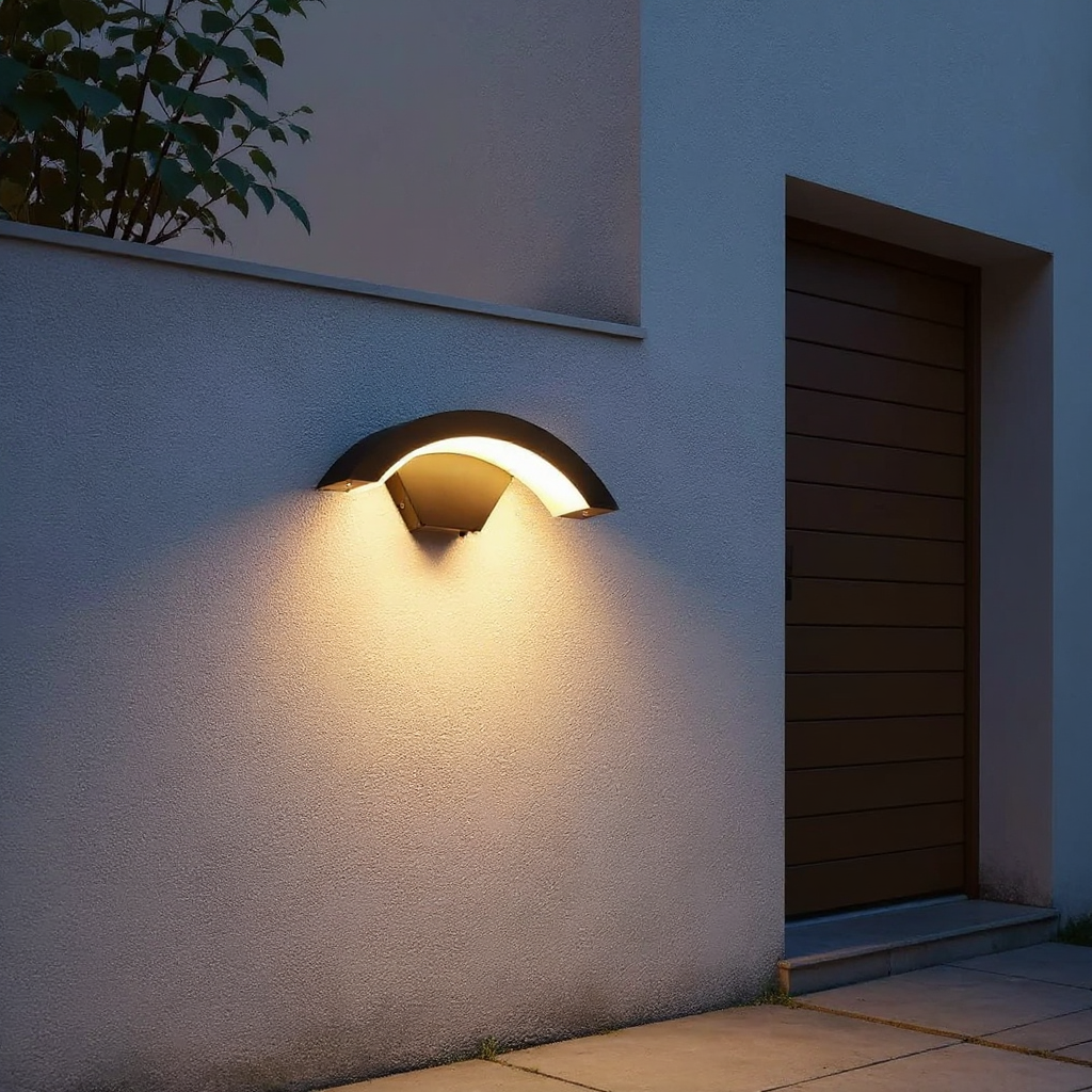 Modern Curved Outdoor Wall Lamp with Ambient LED Glow – Waterproof Exterior Architectural Light