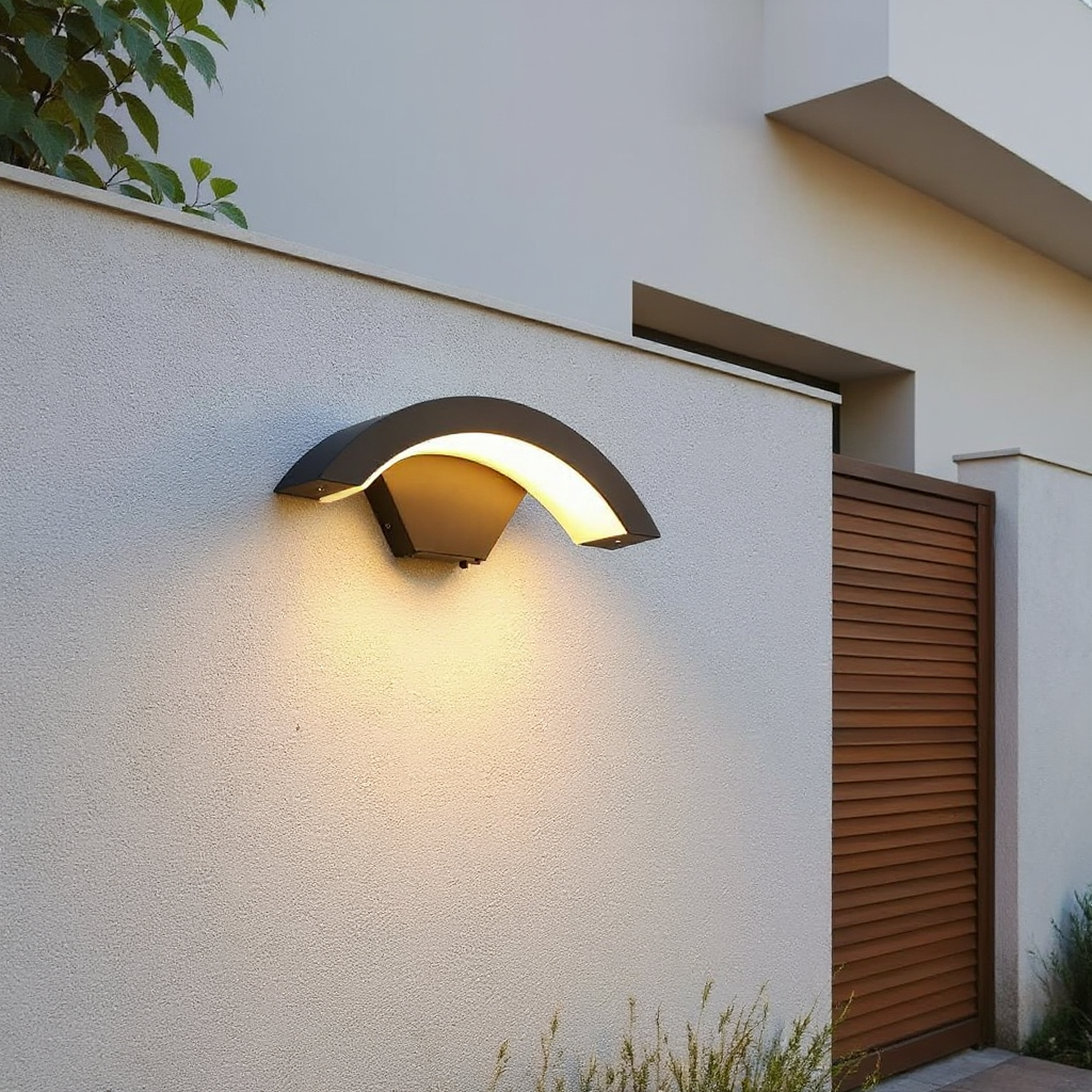 Modern Curved Outdoor Wall Lamp with Ambient LED Glow – Waterproof Exterior Architectural Light