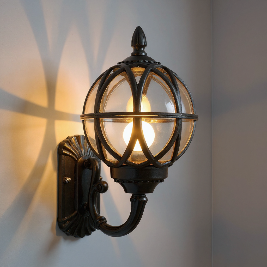 Heritage Globe Lantern Wall Sconce - Vintage Black Glass Outdoor Porch Entryway Wall Light Fixture