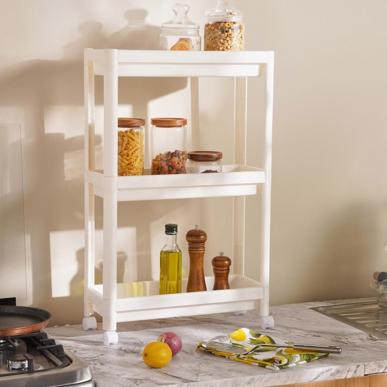 Castlyn Slim Storage Rack – Metal 3 Tier Kitchen Organizer Narrow Spice Shelf White